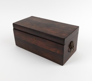An antique English rosewood tea caddy, interior fitted with three lidded compartments, circa 1835, 14cm high, 30.5cm wide, 15cm deep