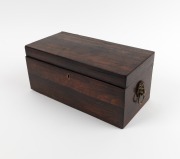 An antique English rosewood tea caddy, interior fitted with three lidded compartments, circa 1835, ​​​​​​​14cm high, 30.5cm wide, 15cm deep
