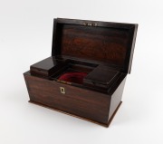 An antique English sarcophagus&nbsp;shaped rosewood tea caddy, interior fitted with two lidded compartments, early 19th century, 17cm high, 31cm wide, 17cm deep - 2