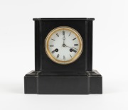An antique French black slate cased mantle clock with eight day time and bell striking movement, 19th century, 22cm high