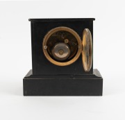 An antique French black slate cased mantle clock with eight day time and bell striking movement, 19th century, 22cm high - 2