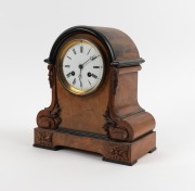 An antique French walnut cased mantle clock with ebonised trim and eight day time and bell striking movement, 19th century, 25cm high - 2