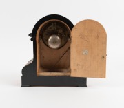 An antique French walnut cased mantle clock with ebonised trim and eight day time and bell striking movement, 19th century, 25cm high - 3