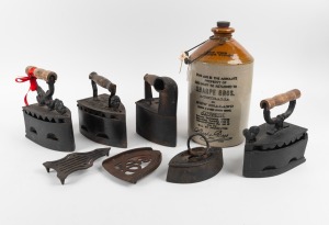 Assorted antique and vintage irons, trivets and a Sharpe Brothers pottery chemical jar, 19th and 20th century, (8 items), the jar 40cm high including