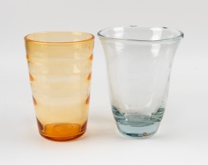 STRÖMBERGSHYTTAN ice blue glass mantle vase and a WHITEFRIARS amber glass mantle vase, (2 items), 26cm and 25cm high