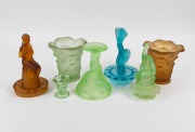 Assorted coloured Art Deco vases, flower bowl centre pieces and flower aid, 20th century, (8 items), the largest 22cm high