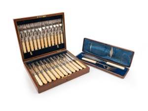 An antique English fish cutlery set for twelve in original canteen, with silver plated blade and ivory handles; together with a boxed set of fish servers with bone handles, 19th/20th century, (2 items)