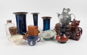 Novelty animal teapots, antique Chinese dish, Denby ware pottery vases, Moorcroft vase (badly damaged), lidded glass jar, pottery beaker, wooden plinths, Wedgwood cup and Susie Cooper cup, (14 items)