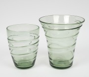 WHITEFRIARS&nbsp;two English sea green glass vases with ribbon trail decoration, mid 20th century, the largest 22cm high