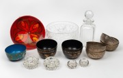 Four Eastern silver finished finger bowls, cloisonne&nbsp;bowl, Poole English ceramic dish, five assorted papier-m&acirc;ch&eacute; finger bowls with gilt dragon decoration, crystal fruit bowl, decanter and condiment pots, mixed condition and vintages, (16 items)
