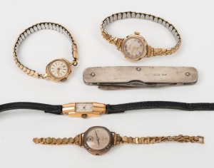 An 18ct gold cased lady's wristwatch, two 9ct gold watches, a gold plated wristwatch, and an antique sterling silver pocket knife, mixed vintages, (5 items).