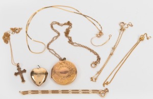 Assorted 9ct and 10ct gold chains, lockets, bracelet, etc, (some broken), (qty), 13.4 grams total.