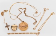 Assorted 9ct and 10ct gold chains, lockets, bracelet, etc, (some broken), (qty), ​​​​​​​13.4 grams total.