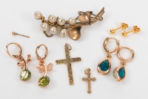 Assorted gold earrings, cross pendants,pearl brooch and a gold stud earring, 20th century.
