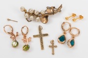 Assorted gold earrings, cross pendants,pearl brooch and a gold stud earring, 20th century.