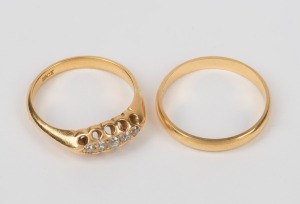 An 18ct yellow gold ring with brilliant cut white diamonds, together with an 18ct yellow gold wedding band, 20th century, (2 items), 6.9 grams total.