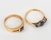 Two vintage 18ct gold rings, set with sapphires, diamonds and purple stone, 20th century, ​​​​​​​6.3 grams total.
