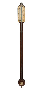 An antique English round top student style barometer, solid mahogany case with ivory register plates and mercury thermometer, 19th century, 92cm high