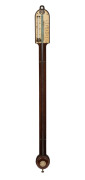 An antique English round top student style barometer, solid mahogany case with ivory register plates and mercury thermometer, 19th century, 92cm high