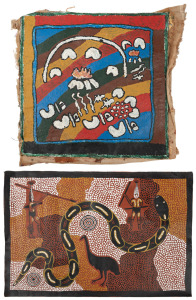 Two unframed canvases by: I.) Lorna Rose Gimme, 43 x 43cm, II.) Mark Jupurrurla, "Snake and Emu Travelling North", 33 x 48cm