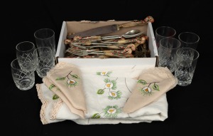 Assorted crystal glassware, unusual horn handled cutlery with bird decoration and assorted table linen, (qty)