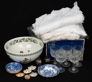 Antique Irish table linen, Portmeirion Ware, fruit bowl, glass ware, pair of miniature Satsuma vases, porcelain dishes and decanter labels, (qty)