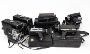 Group lot of six super8 film cameras, various manufactures including&nbsp;two Chinon, two Sankyo, Kodak, and Bell & Howell. All in mixed condition with original travel hard cases.