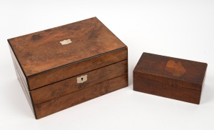 An antique walnut lady's travelling box fitted with jewellery compartment, lift-out tray and writing slope, 19th century; together with an antique Australian blackwood box with inlaid map of Australia in native timbers, early 20th century, (2 items), 30cm and 20cm wide