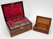 An antique walnut lady's travelling box fitted with jewellery compartment, lift-out tray and writing slope, 19th century; together with an antique Australian blackwood box with inlaid map of Australia in native timbers, early 20th century, (2 items), 30cm - 2