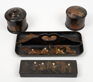 Antique Japanese black lacquered desk tray, pen box and two lidded jars, Meiji Period, 19th century, (4 items), the tray 26cm wide