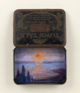 Two hand-painted tobacco tins, both framed and mounted, ​​​​​​​33 x 37cm each overall.