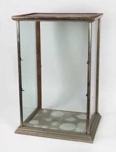 An antique nickel plated shop display cabinet, (missing shelves and door), 19th/20th century, 88cm high, 59cm wide, 47cm deep