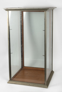 An antique nickel bound display cabinet with two glass shelves, 19th/20th century, 99cm high, 59cm wide, 57cm deep