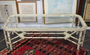 A vintage faux bamboo coffee table with cream limed finish and sage highlights, ​​​​​​​44cm high, 144cm wide, 65cm deep