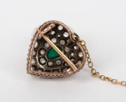 An antique heart brooch, pave set with old fashion rose cut diamonds and green stone, mounted in silver and rose gold with later gold safety chain, 19th century, ​​​​​​​1.7cm high, 3.9 grams total - 2