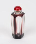 Chinese faceted glass scent bottle, Chinese reticulated porcelain scent bottle, Chinese hand-mirror with mutton jade handle, Chinese stone seal and a Chinese porcelain fragment box, (5 items), the mirror 14.5cm long - 2