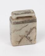 Chinese faceted glass scent bottle, Chinese reticulated porcelain scent bottle, Chinese hand-mirror with mutton jade handle, Chinese stone seal and a Chinese porcelain fragment box, (5 items), the mirror 14.5cm long - 4