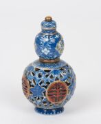 Chinese faceted glass scent bottle, Chinese reticulated porcelain scent bottle, Chinese hand-mirror with mutton jade handle, Chinese stone seal and a Chinese porcelain fragment box, (5 items), the mirror 14.5cm long - 11