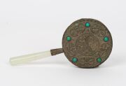 Chinese faceted glass scent bottle, Chinese reticulated porcelain scent bottle, Chinese hand-mirror with mutton jade handle, Chinese stone seal and a Chinese porcelain fragment box, (5 items), the mirror 14.5cm long - 13
