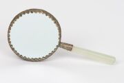 Chinese faceted glass scent bottle, Chinese reticulated porcelain scent bottle, Chinese hand-mirror with mutton jade handle, Chinese stone seal and a Chinese porcelain fragment box, (5 items), the mirror 14.5cm long - 14