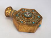 An antique Italian micro-mosaic and enamel gilded silver scent bottle with original glass insert and stopper, 19th century, 6cm high - 4