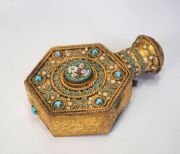 An antique Italian micro-mosaic and enamel gilded silver scent bottle with original glass insert and stopper, 19th century, 6cm high - 5