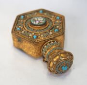 An antique Italian micro-mosaic and enamel gilded silver scent bottle with original glass insert and stopper, 19th century, 6cm high - 6