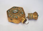 An antique Italian micro-mosaic and enamel gilded silver scent bottle with original glass insert and stopper, 19th century, 6cm high - 9