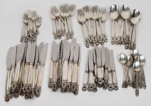 GEORG JENSEN "Acorn" pattern Danish sterling silver cutlery set for twelve, (96 pieces), 2500+ grams silver weight not including the knives