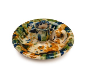 BENDIGO pottery candle holder with mottled glaze, 19th century, 6cm high, 14cm diameter