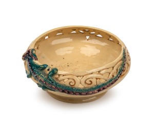 MARGUERITE MAHOOD pierced pottery bowl with applied green and purple dragon, incised "Marguerite Mahood", 6cm high, 13.5cm wide