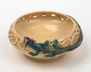 MARGUERITE MAHOOD pierced pottery bowl with applied green and purple dragon, incised "Marguerite Mahood", 6cm high, 13.5cm wide - 2