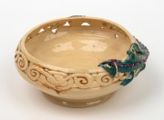 MARGUERITE MAHOOD pierced pottery bowl with applied green and purple dragon, incised "Marguerite Mahood", 6cm high, 13.5cm wide - 3