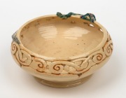 MARGUERITE MAHOOD pierced pottery bowl with applied green and purple dragon, incised "Marguerite Mahood", 6cm high, 13.5cm wide - 4